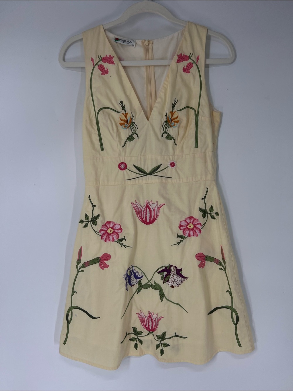 Fanm Mon Cream V-Neck Mini Dress with Pink, Purple & Green Floral Embroidery XS